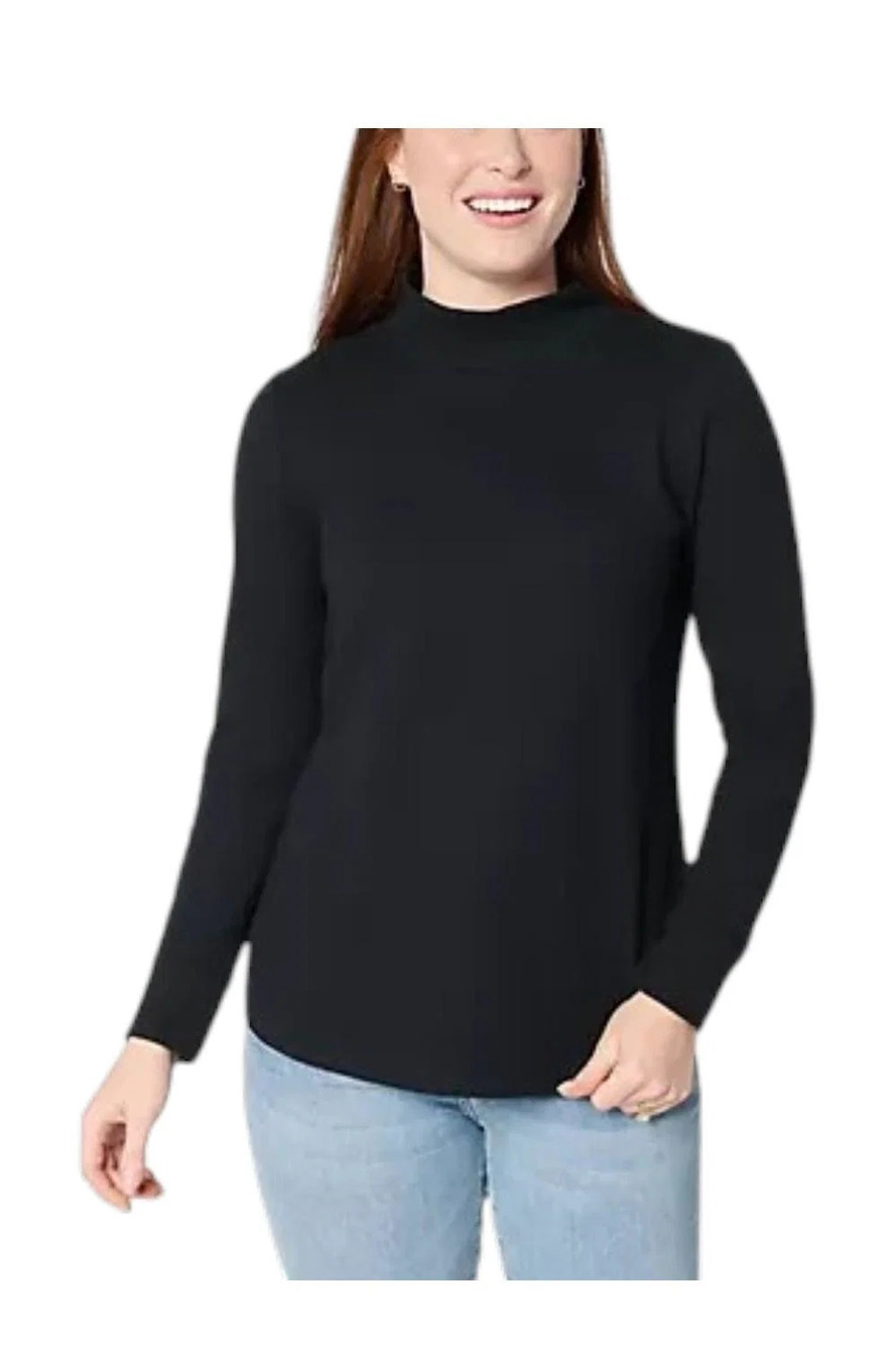 Denim & Co. Women's Essentials Waffle Knit Mock Neck Top Black - Regular
